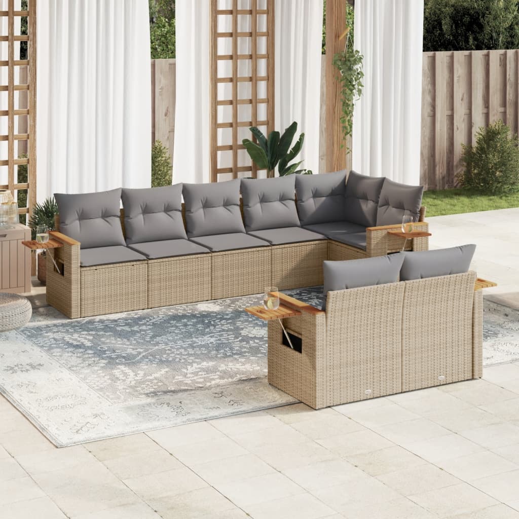 vidaXL 8-tlg. Garten-Sofagarnitur mit Kissen Beige Poly Rattan