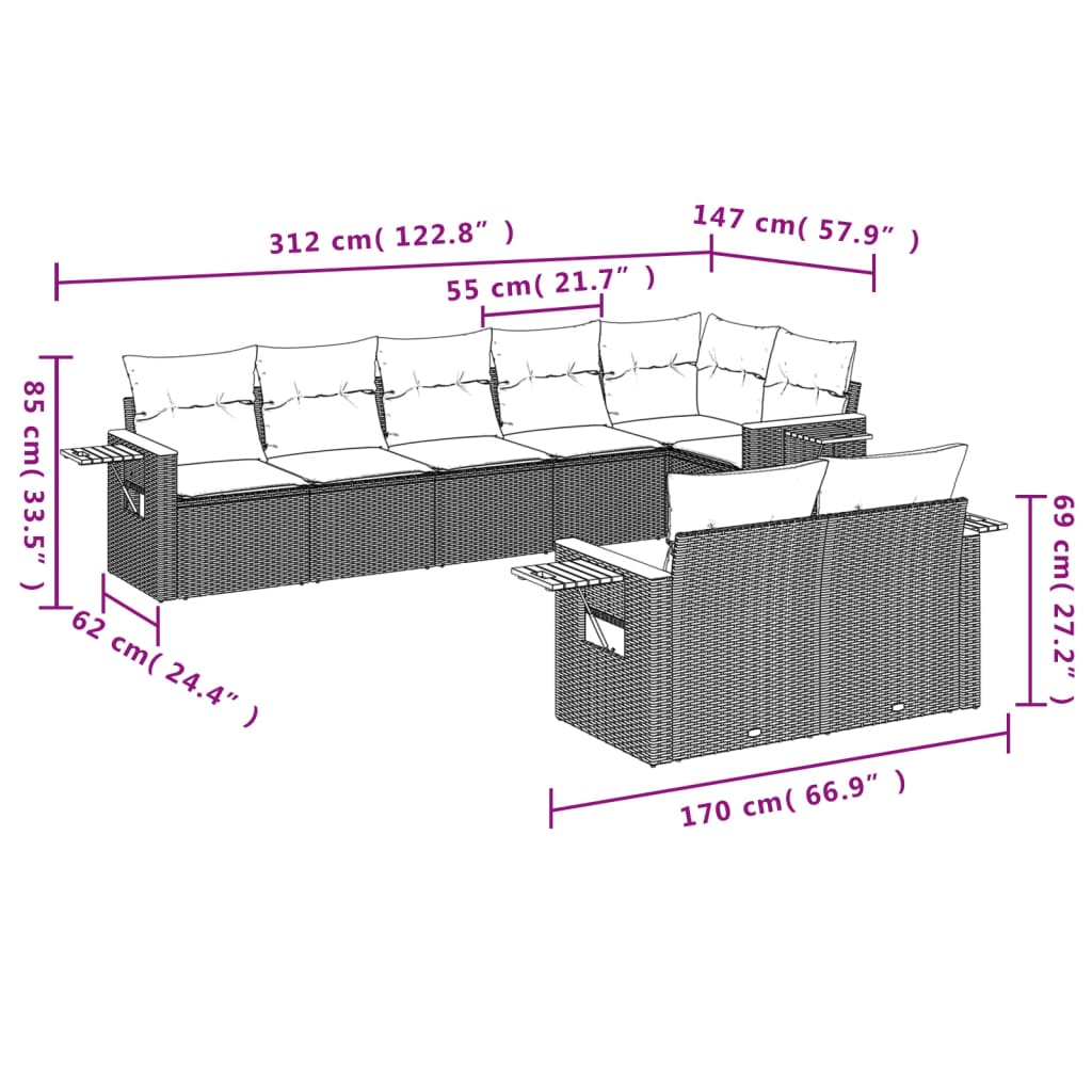 vidaXL 8-delige Loungeset met kussens poly rattan grijs afbeelding