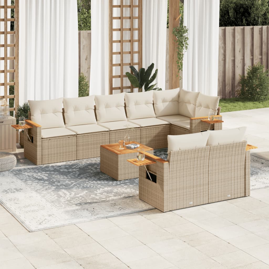 vidaXL 9-tlg. Garten-Sofagarnitur mit Kissen Beige Poly Rattan