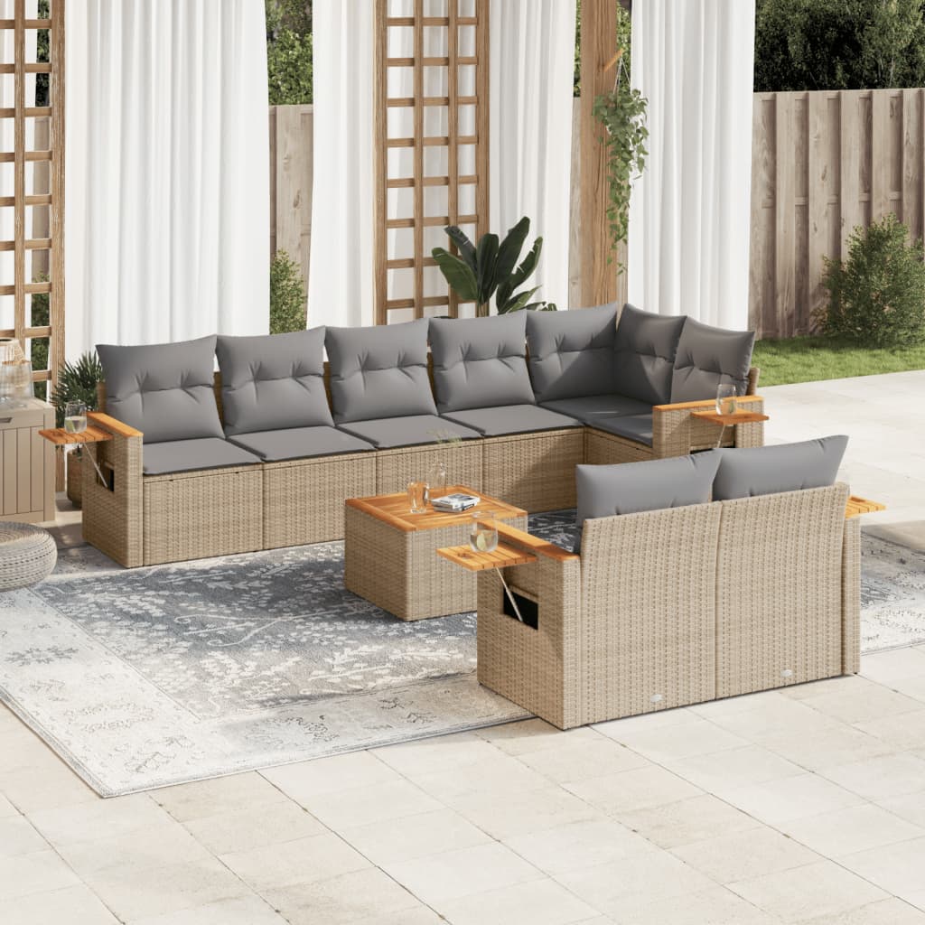 vidaXL 9-tlg. Garten-Sofagarnitur mit Kissen Beige Poly Rattan