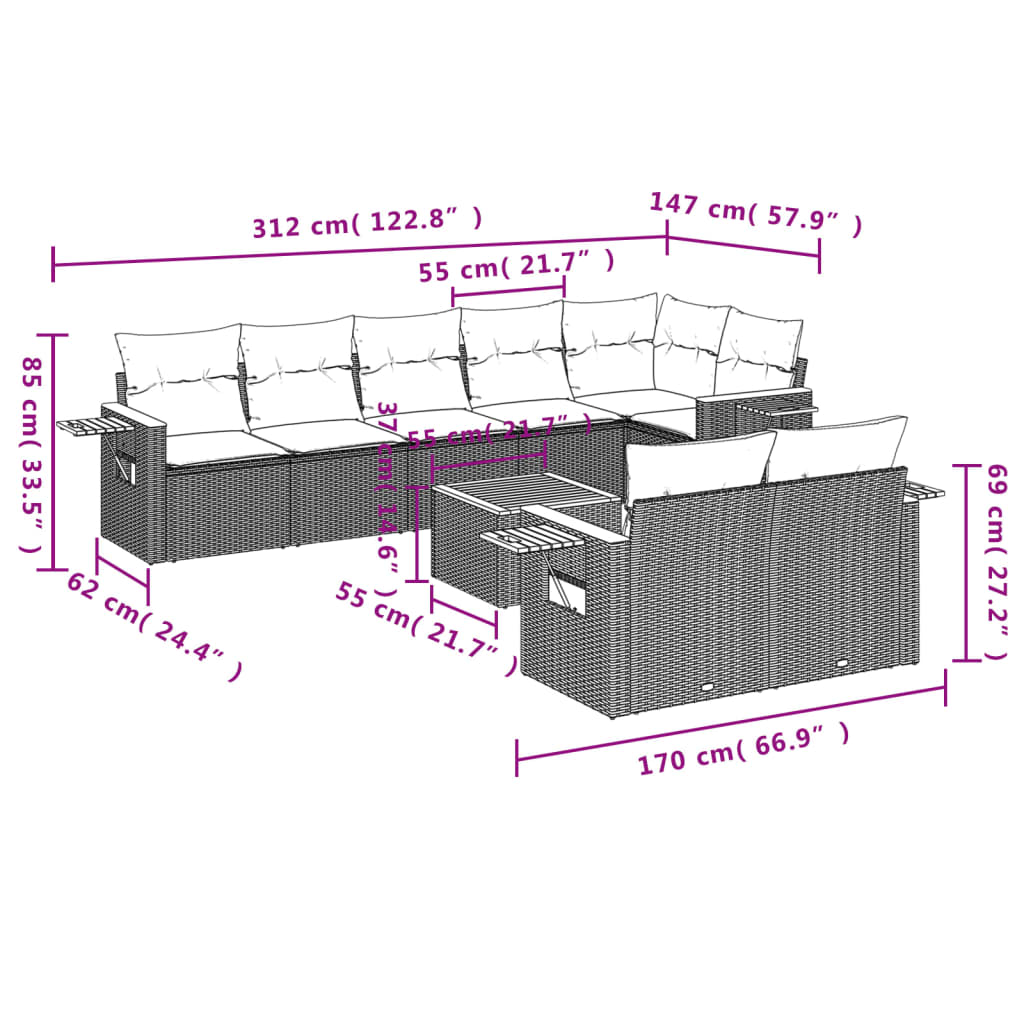vidaXL 9-delige Loungeset met kussens poly rattan grijs afbeelding