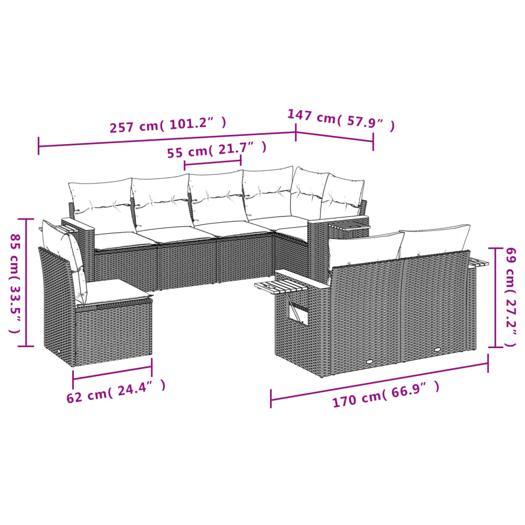 Thumbnail - vidaXL 8-tlg. Garten-Sofagarnitur mit Kissen Beige Poly Rattan