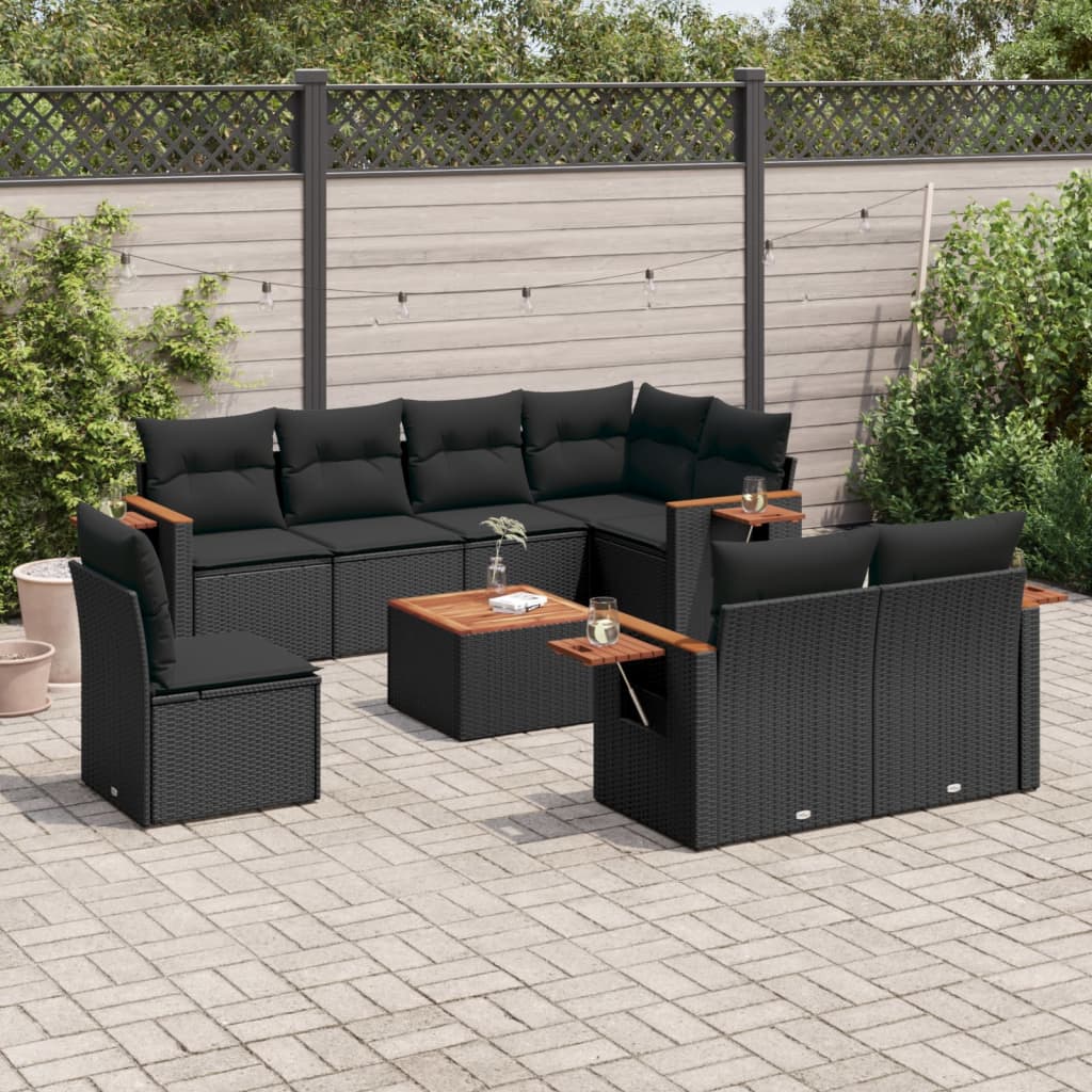 vidaXL 9-tlg. Garten-Sofagarnitur mit Kissen Schwarz Poly Rattan