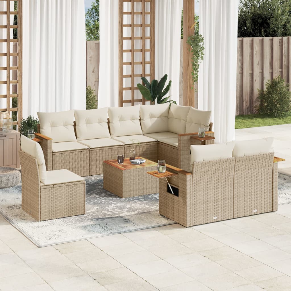 vidaXL 9-tlg. Garten-Sofagarnitur mit Kissen Beige Poly Rattan