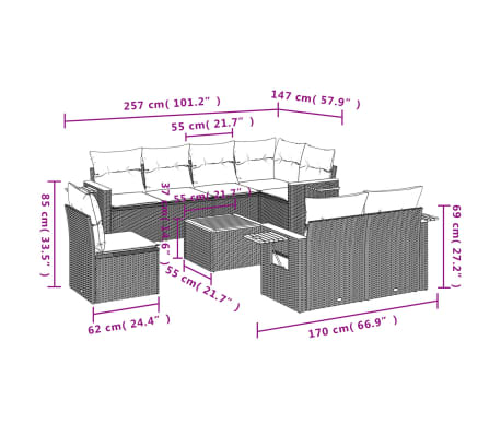 vidaXL 9-delige Loungeset met kussens poly rattan beige