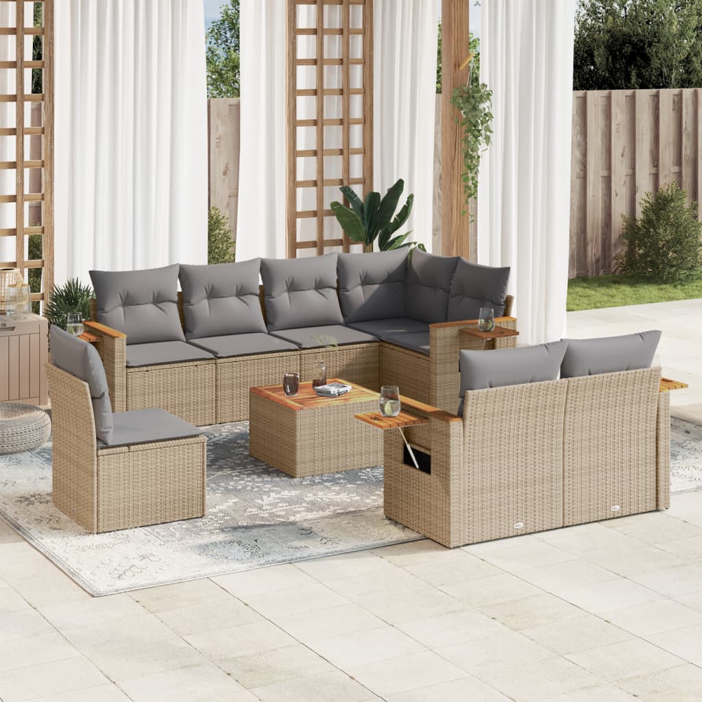 vidaXL 9-tlg. Garten-Sofagarnitur mit Kissen Beige Poly Rattan