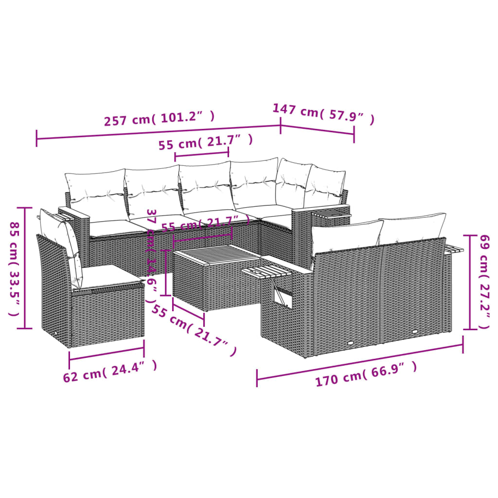 vidaXL 9-delige Loungeset met kussens poly rattan grijs afbeelding
