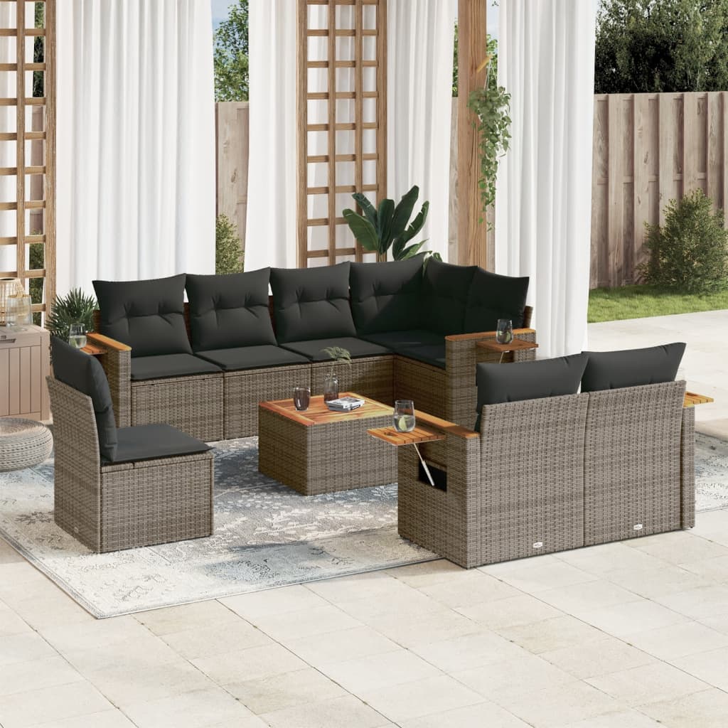 9-tlg. Garten-Sofagarnitur mit Kissen Grau Poly Rattan