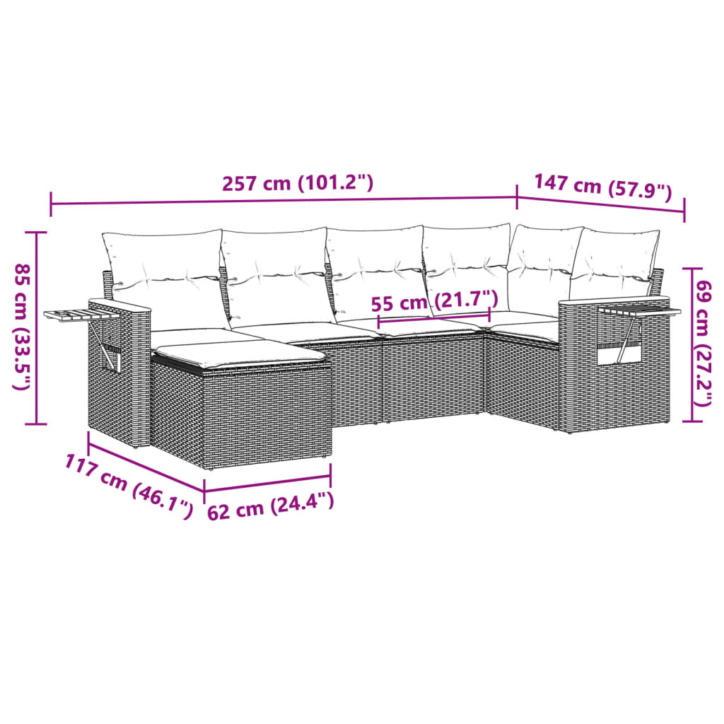 vidaXL 6-delige Loungeset met kussens poly rattan zwart afbeelding