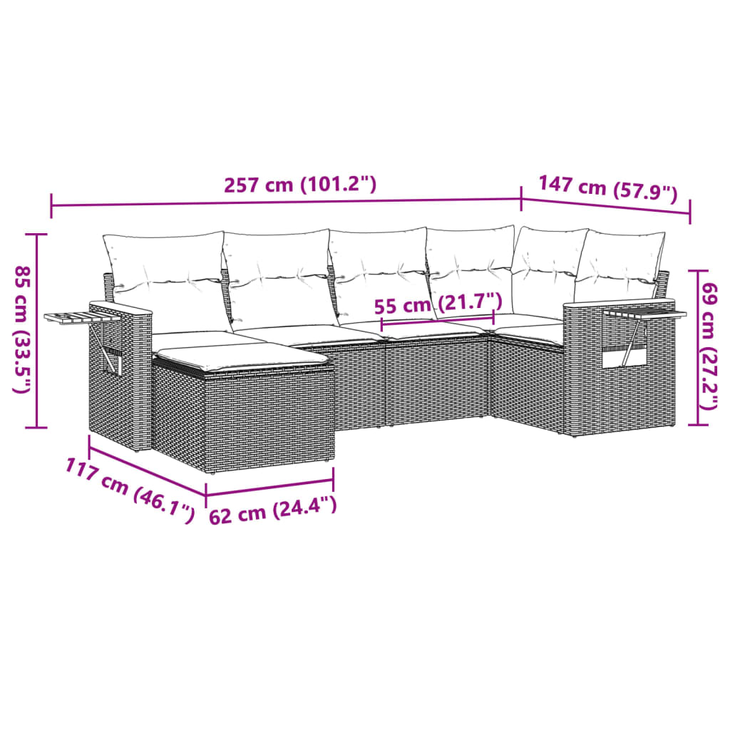 vidaXL 6-delige Loungeset met kussens poly rattan beige