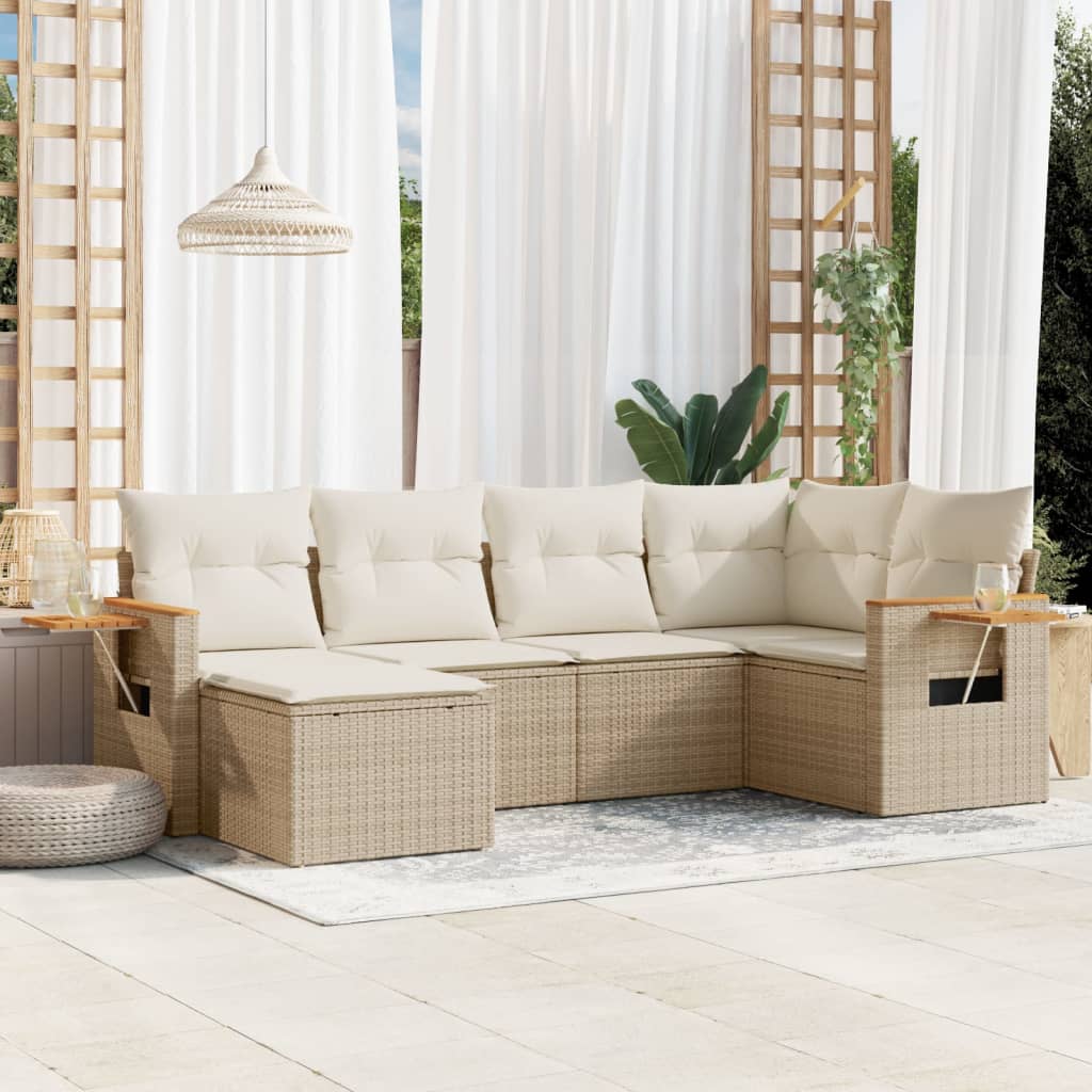 vidaXL 6-tlg. Garten-Sofagarnitur mit Kissen Beige Poly Rattan