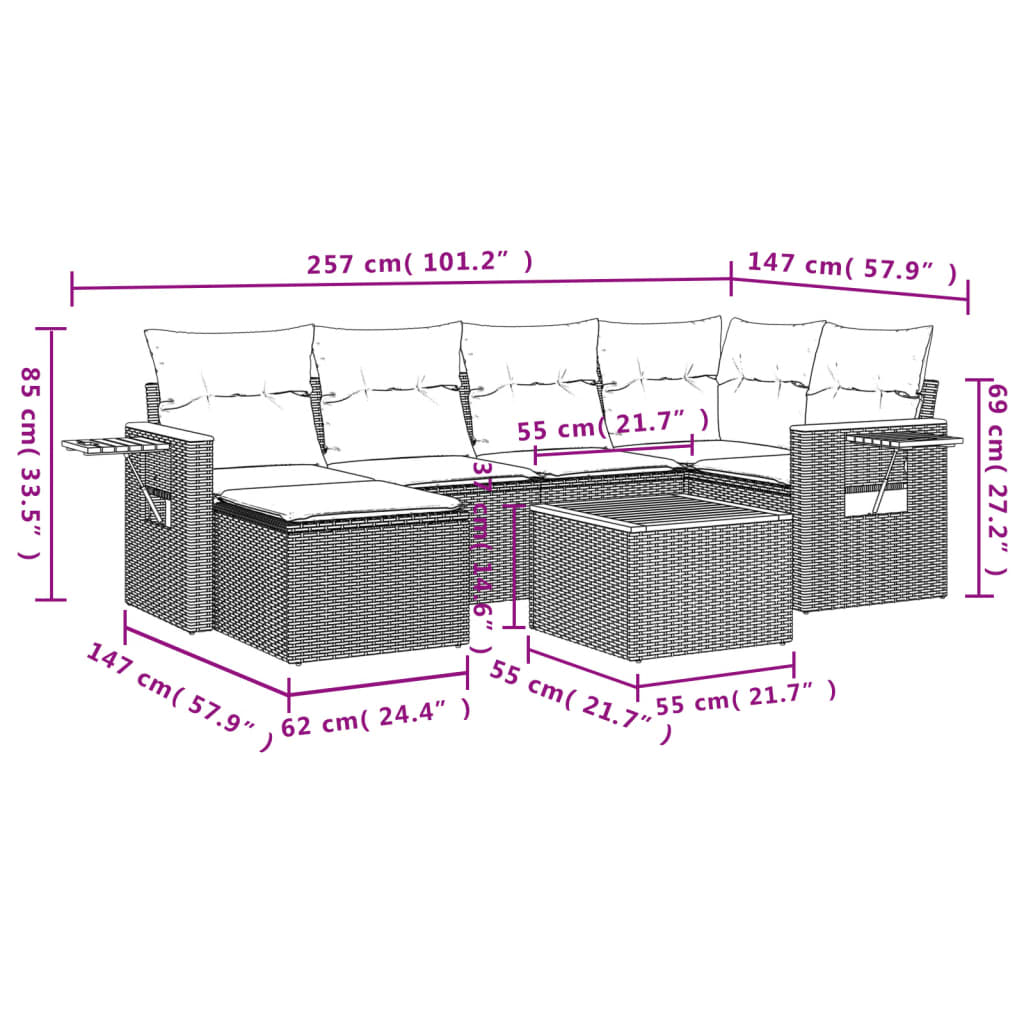 vidaXL 7 pcs conjunto de sofás p/ jardim com almofadões vime PE bege