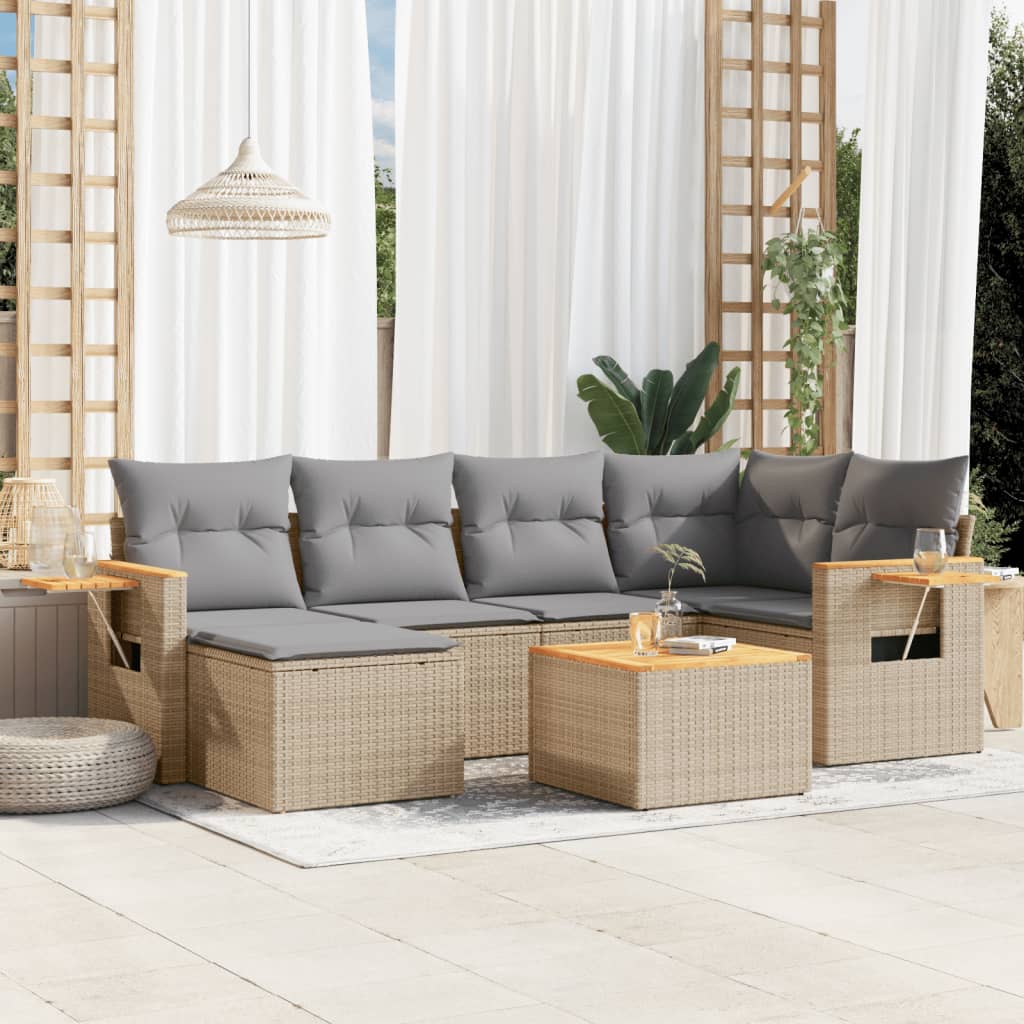 vidaXL 7-tlg. Garten-Sofagarnitur mit Kissen Beige Poly Rattan