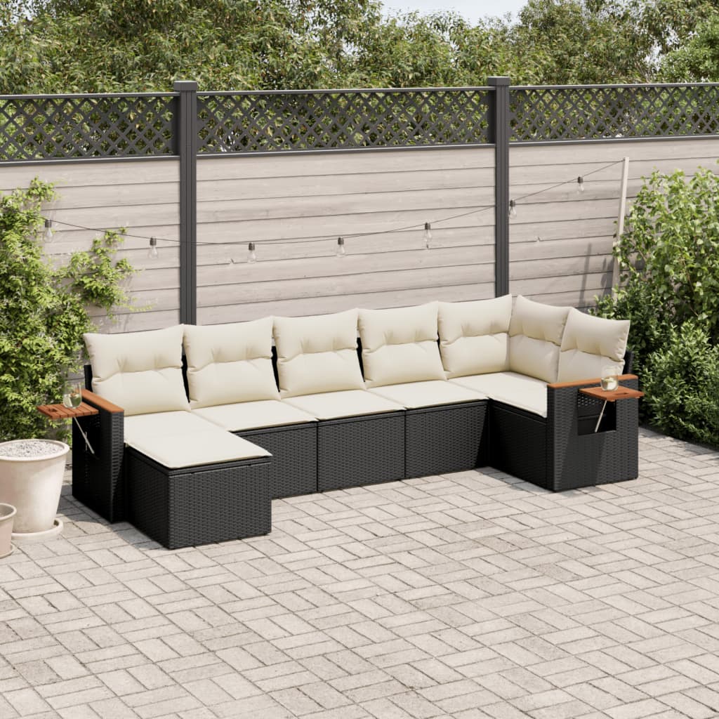 vidaXL 7-tlg. Garten-Sofagarnitur mit Kissen Schwarz Poly Rattan