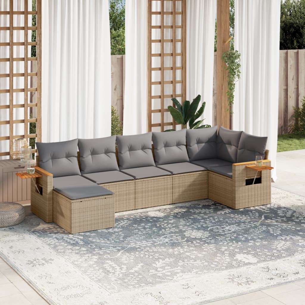 vidaXL 7-tlg. Garten-Sofagarnitur mit Kissen Beige Poly Rattan