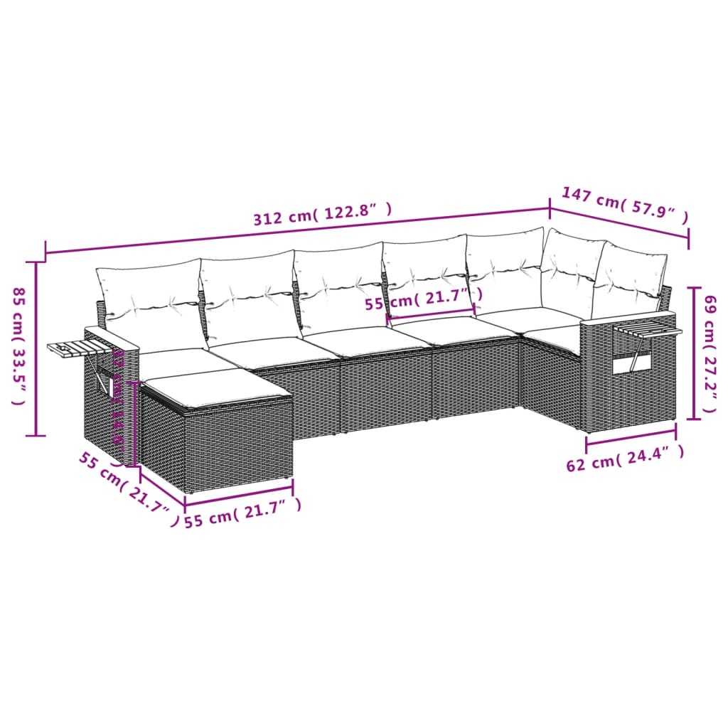 vidaXL 7-delige Loungeset met kussens poly rattan grijs