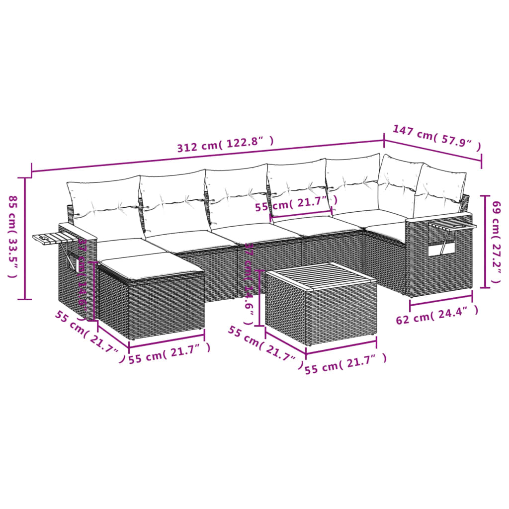 vidaXL 8-delige Loungeset met kussens poly rattan zwart afbeelding