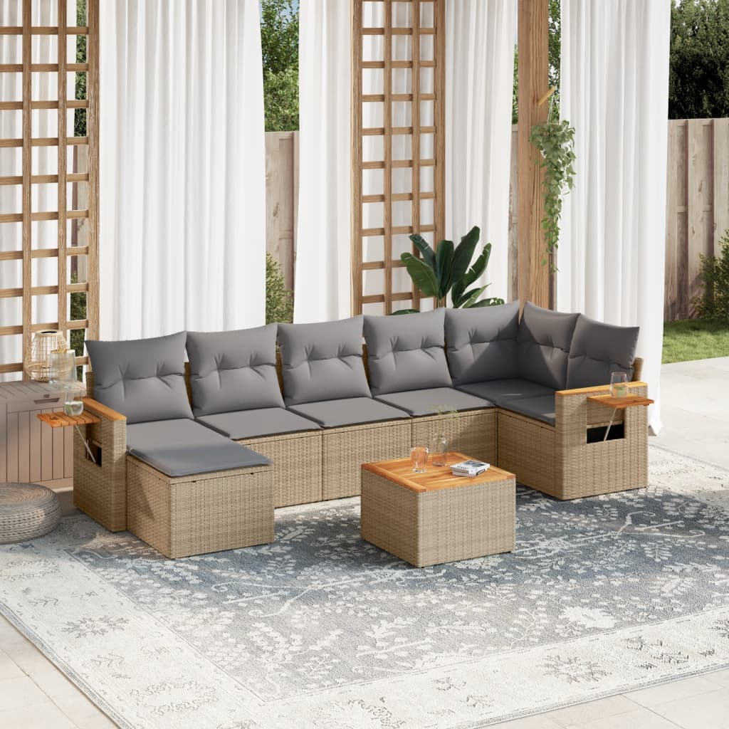 vidaXL 8-tlg. Garten-Sofagarnitur mit Kissen Beige Poly Rattan