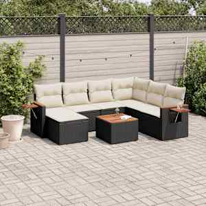 Vrtna sedežna garnitura 8-delna z blazinami črn poli ratan