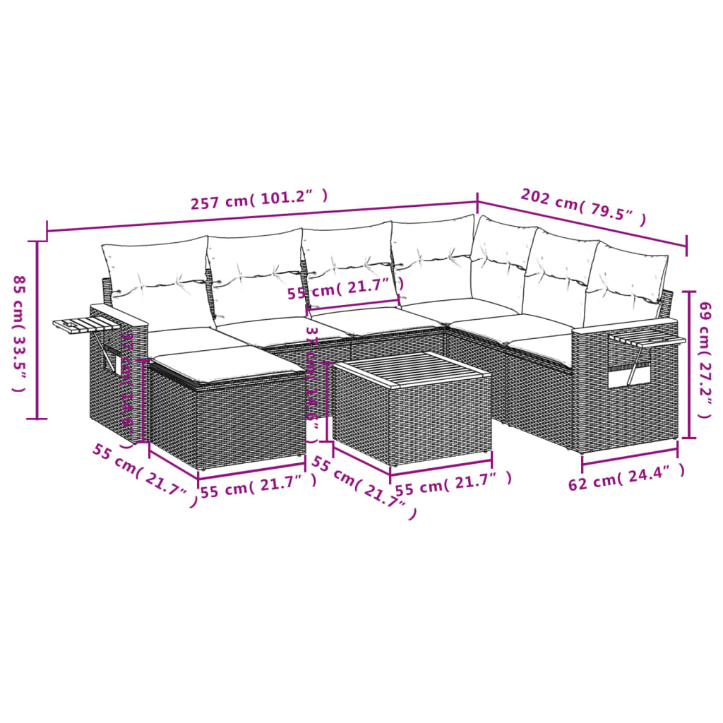 vidaXL 8 pcs conjunto de sofás p/ jardim com almofadões vime PE bege