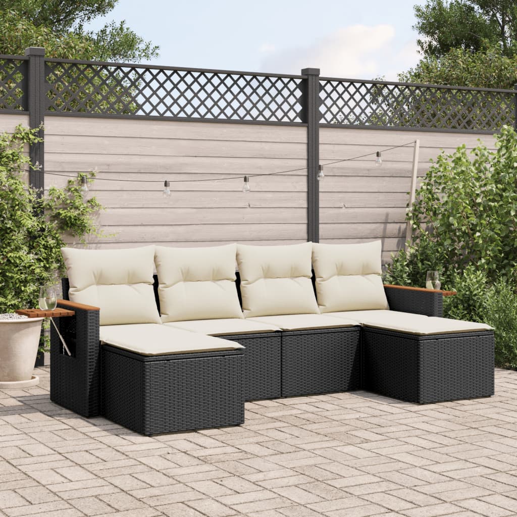 6-tlg. Garten-Sofagarnitur mit Kissen Schwarz Poly Rattan