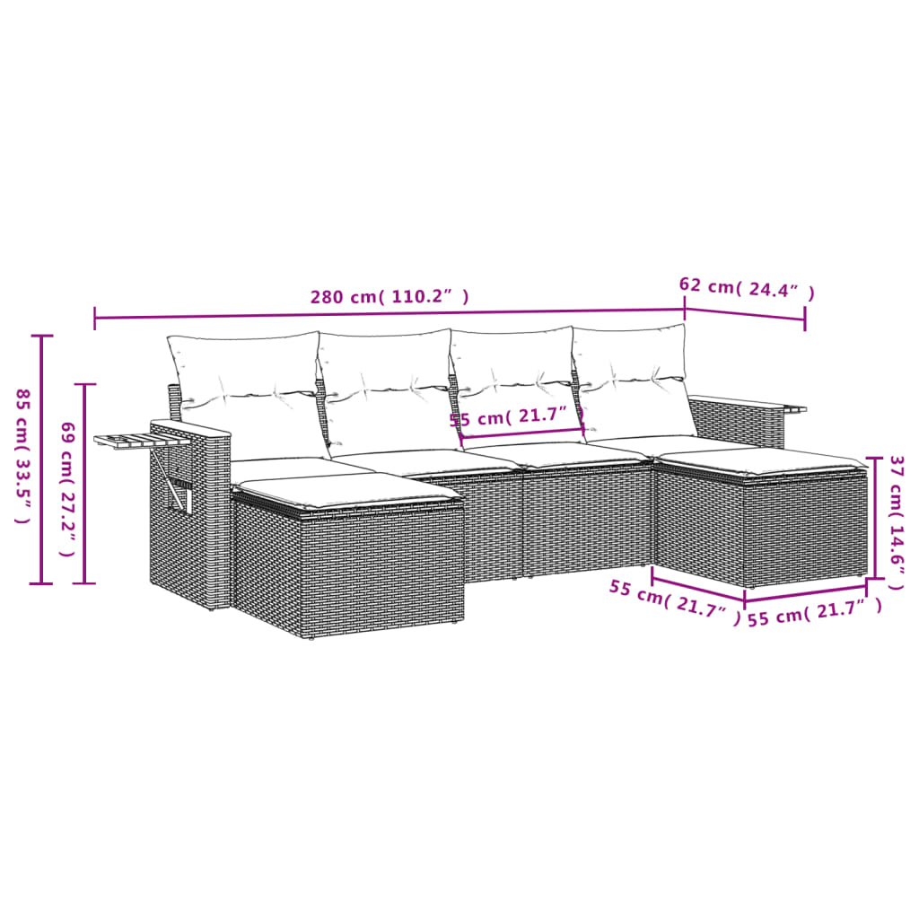 vidaXL 6-delige Loungeset met kussens poly rattan beige afbeelding