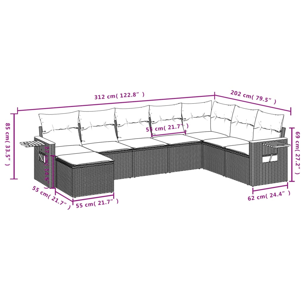 vidaXL 8-delige Loungeset met kussens poly rattan zwart afbeelding