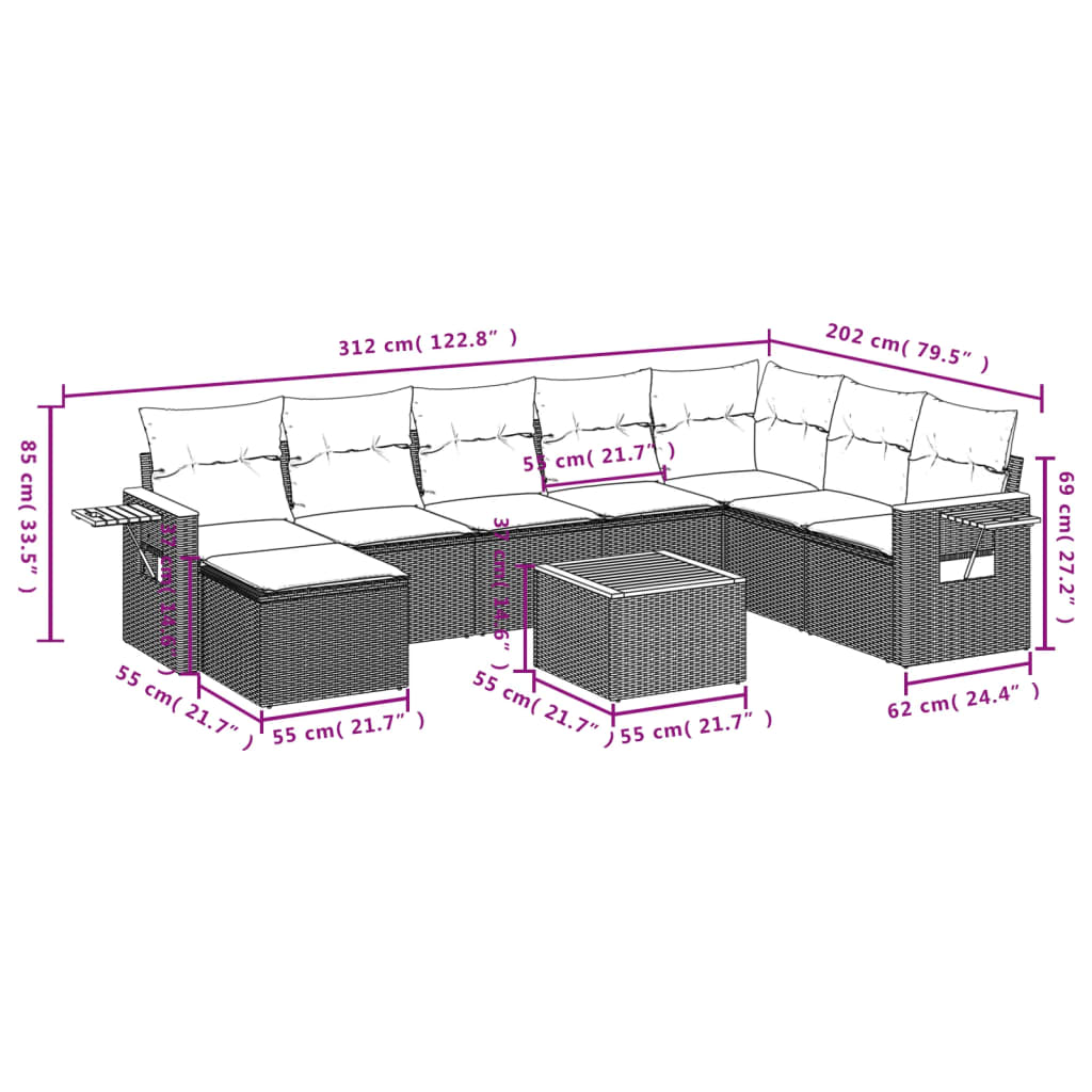 vidaXL 9 pcs conjunto de sofás p/ jardim com almofadões vime PE bege