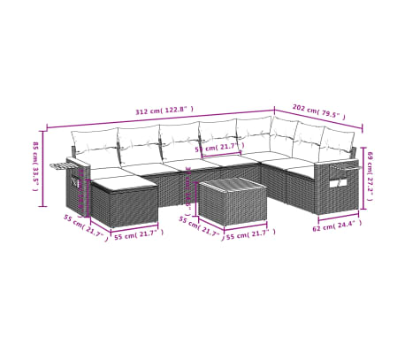 vidaXL 9 pcs conjunto de sofás p/ jardim com almofadões vime PE bege