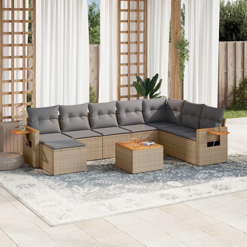 vidaXL 9-tlg. Garten-Sofagarnitur mit Kissen Beige Poly Rattan