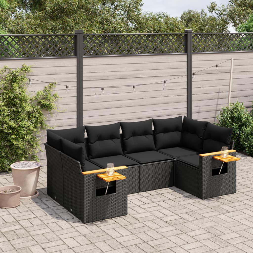 6-tlg. Garten-Sofagarnitur mit Kissen Schwarz Poly Rattan