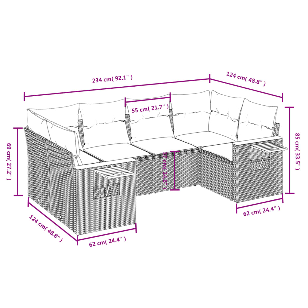 vidaXL 6-delige Loungeset met kussens poly rattan grijs afbeelding