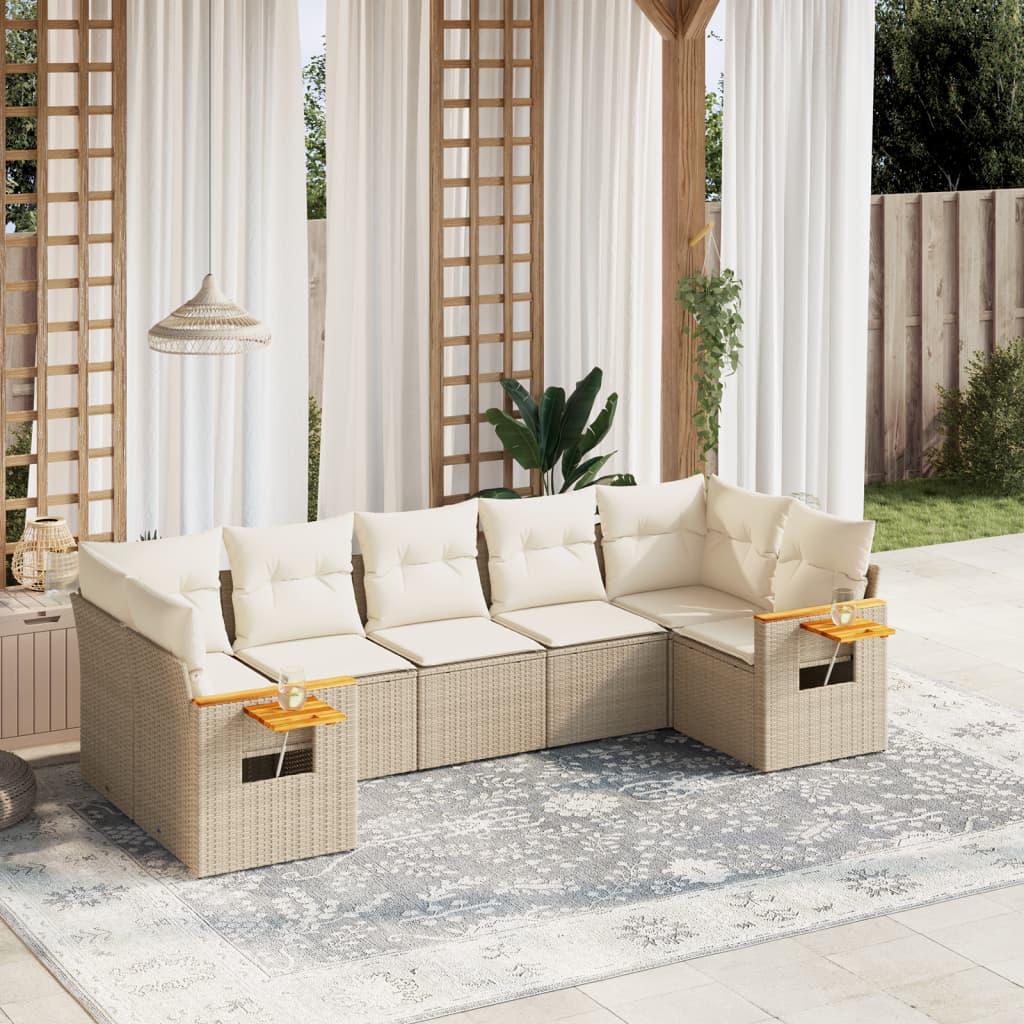 vidaXL 7-tlg. Garten-Sofagarnitur mit Kissen Beige Poly Rattan