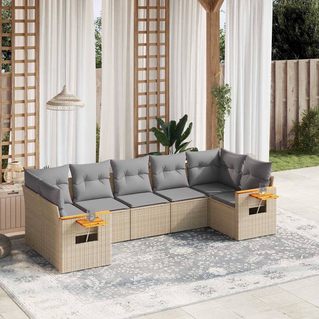 vidaXL 7-tlg. Garten-Sofagarnitur mit Kissen Beige Poly Rattan