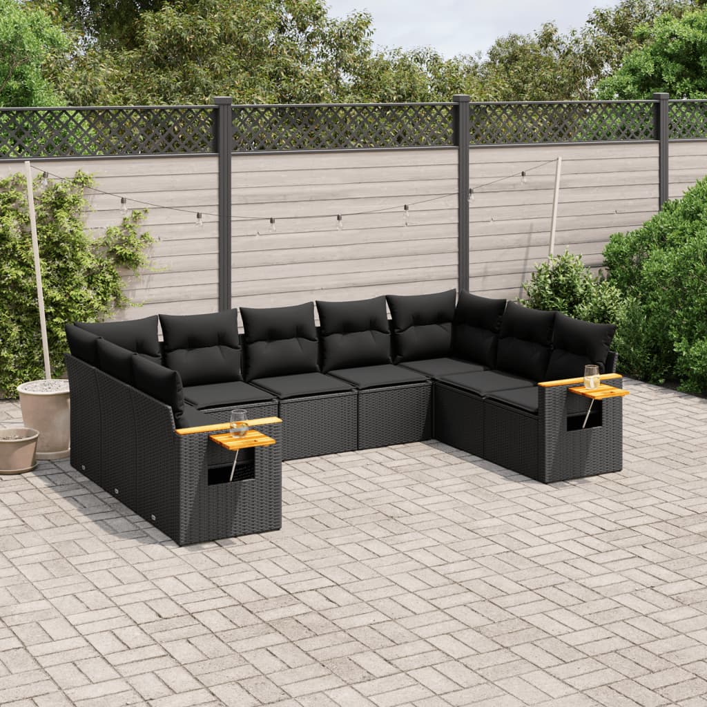 vidaXL 9-tlg. Garten-Sofagarnitur mit Kissen Schwarz Poly Rattan