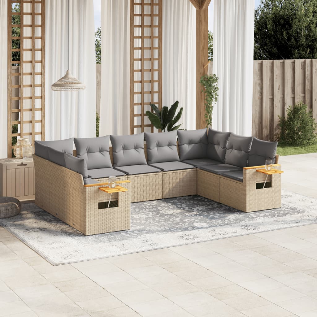 vidaXL 9-tlg. Garten-Sofagarnitur mit Kissen Beige Poly Rattan