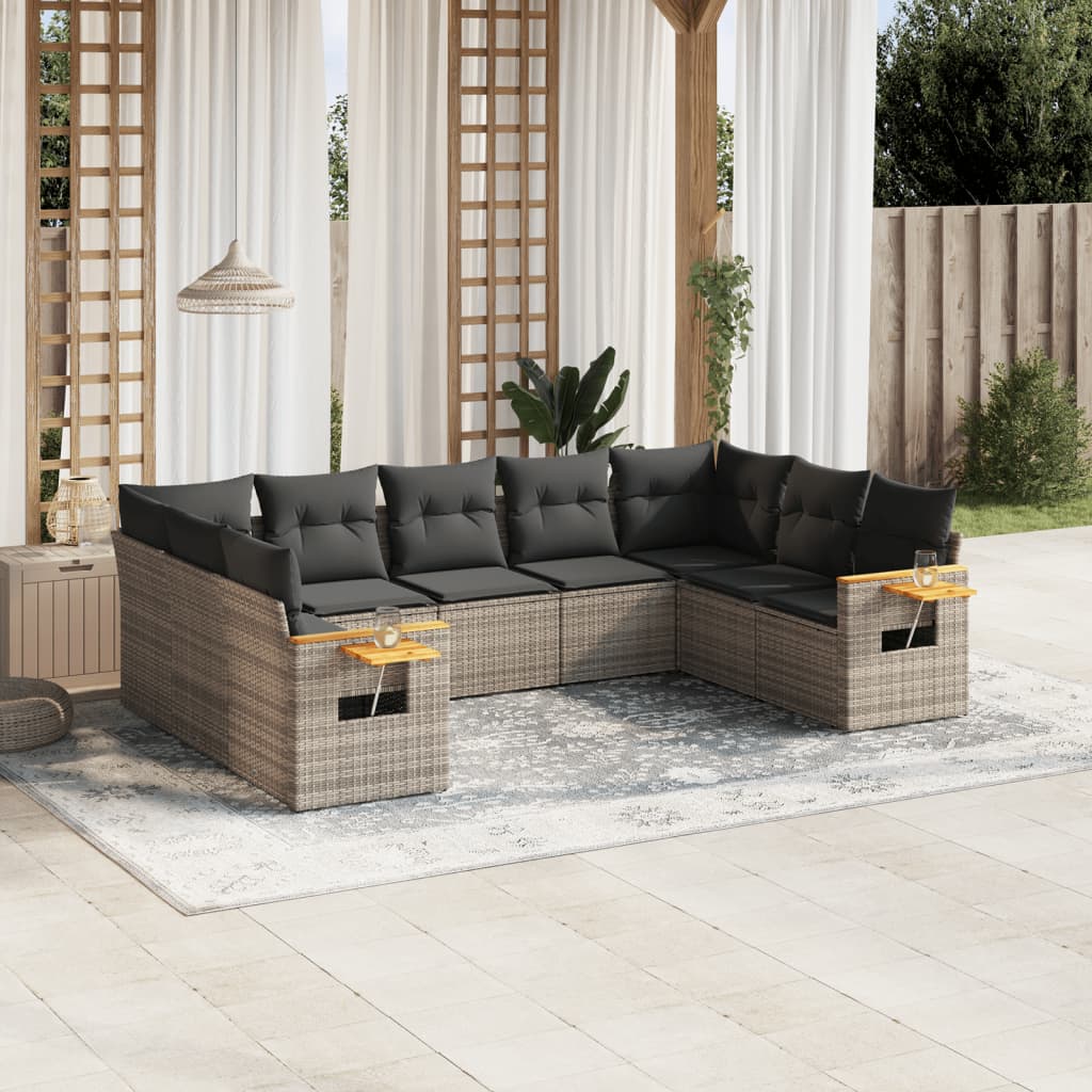 vidaXL 9-tlg. Garten-Sofagarnitur mit Kissen Grau Poly Rattan