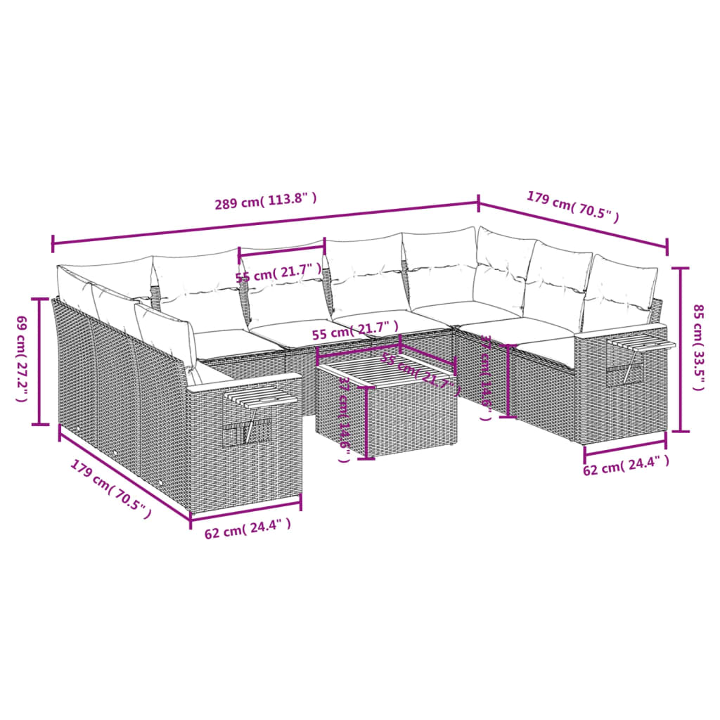 vidaXL 10-tlg. Garten-Sofagarnitur mit Kissen Beige Poly Rattan