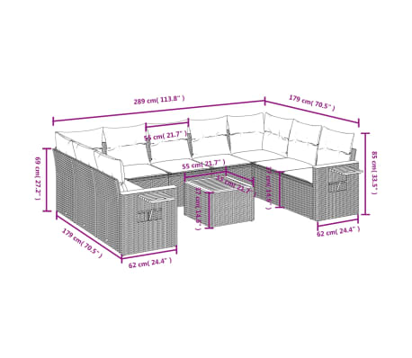 vidaXL Set Divano da Giardino 10 pz con Cuscini Beige in Polyrattan