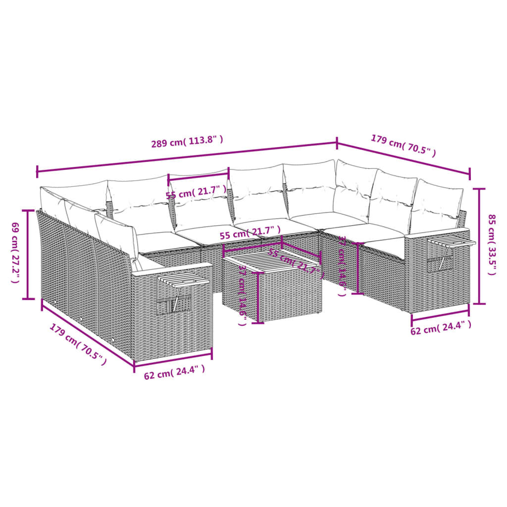 vidaXL 10-delige Loungeset met kussens poly rattan beige