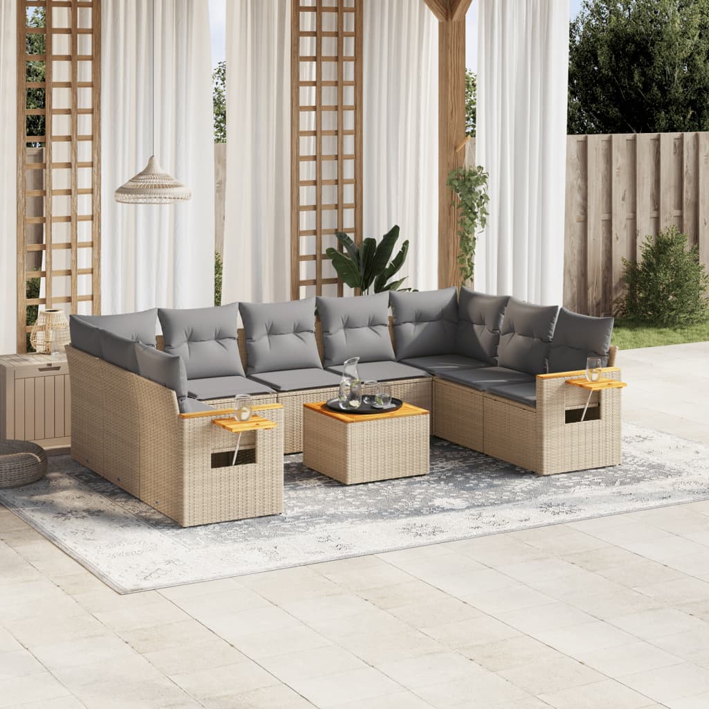 vidaXL 10-tlg. Garten-Sofagarnitur mit Kissen Beige Poly Rattan