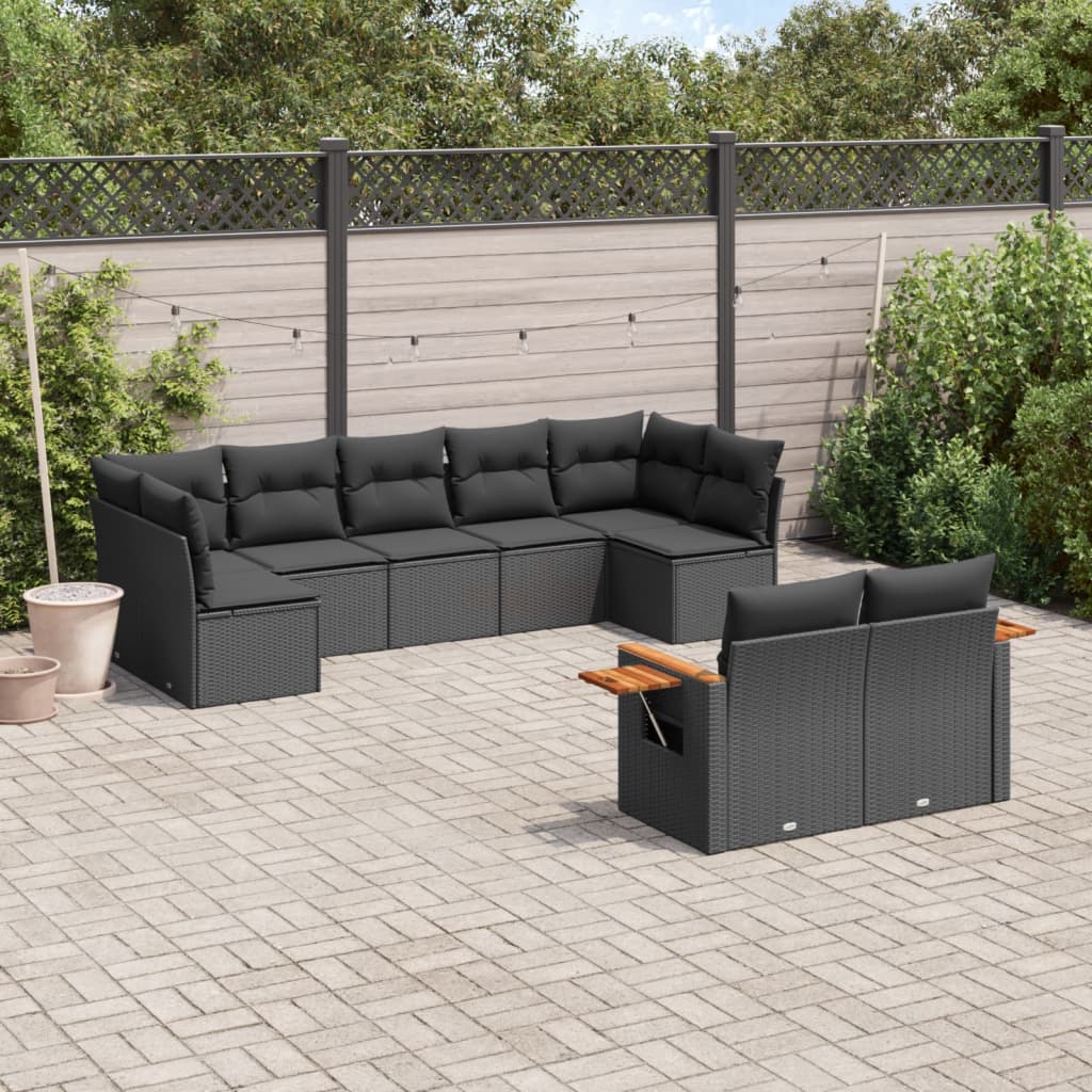 vidaXL 9-tlg. Garten-Sofagarnitur mit Kissen Schwarz Poly Rattan