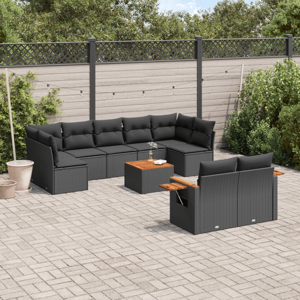 vidaXL 10-tlg. Garten-Sofagarnitur mit Kissen Schwarz Poly Rattan