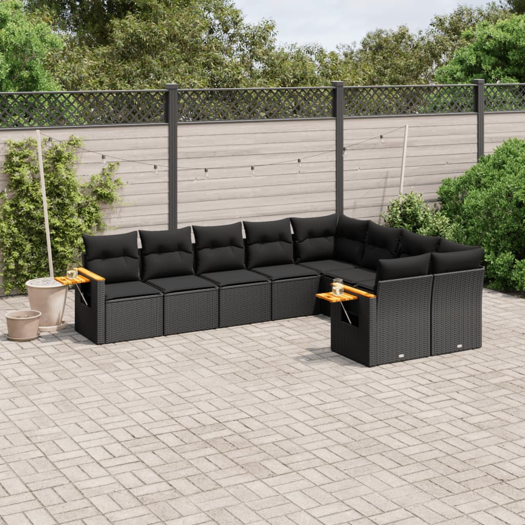 vidaXL 9-tlg. Garten-Sofagarnitur mit Kissen Schwarz Poly Rattan