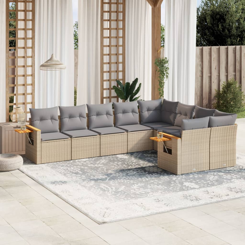 vidaXL 9-tlg. Garten-Sofagarnitur mit Kissen Beige Poly Rattan