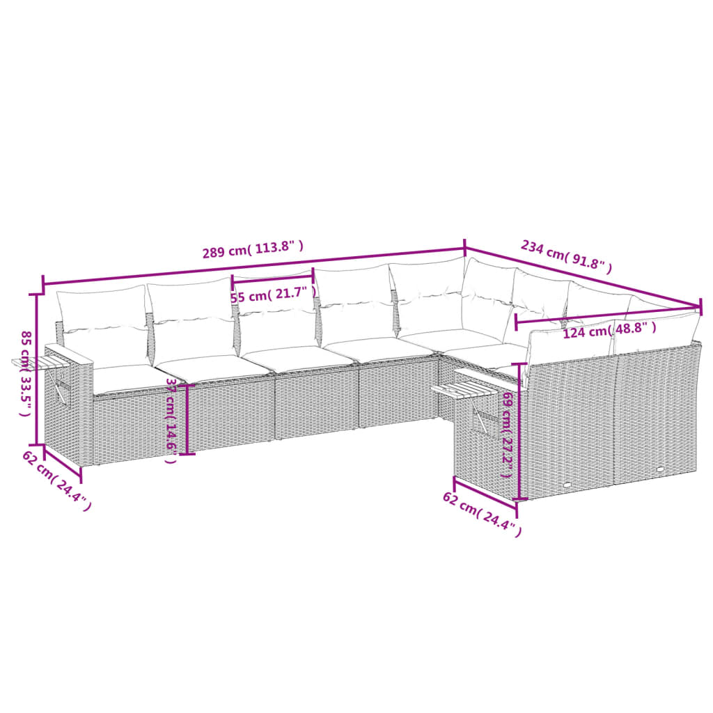 vidaXL 9-delige Loungeset met kussens poly rattan grijs afbeelding
