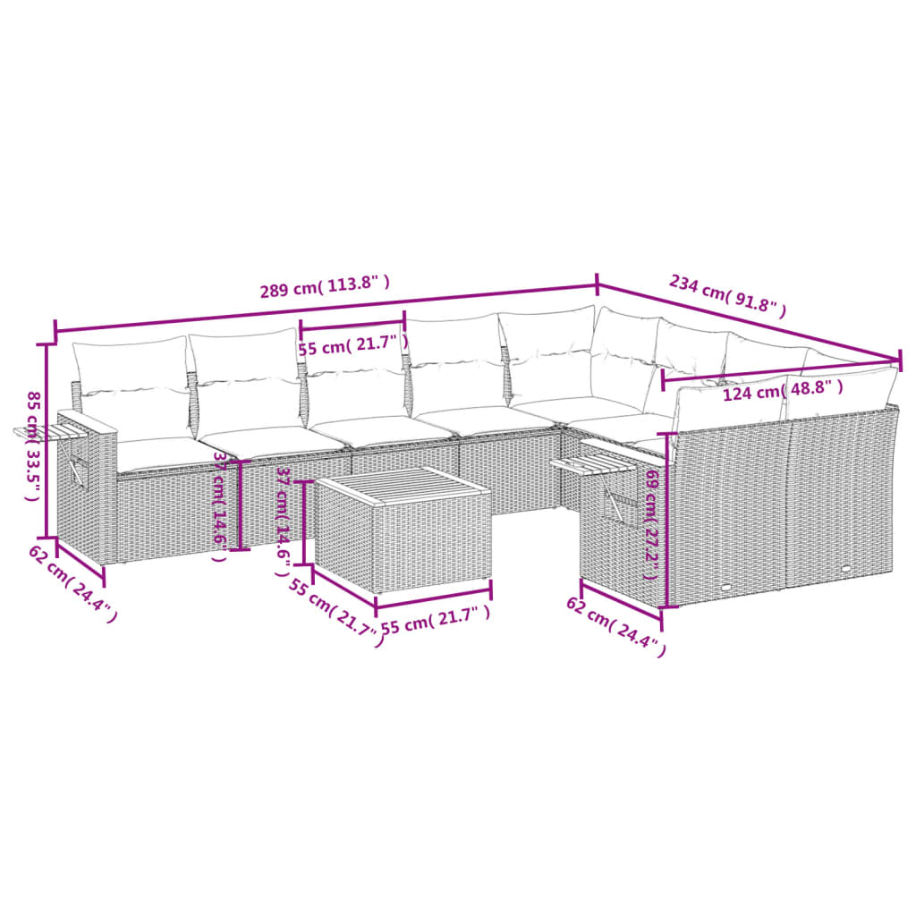 vidaXL 10-tlg. Garten-Sofagarnitur mit Kissen Beige Poly Rattan