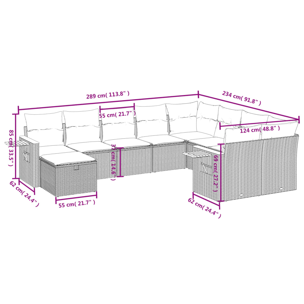 vidaXL 10-delige Loungeset met kussens poly rattan beige