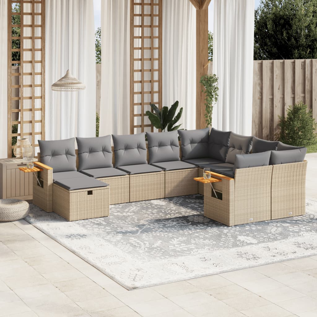 vidaXL 10-tlg. Garten-Sofagarnitur mit Kissen Beige Poly Rattan