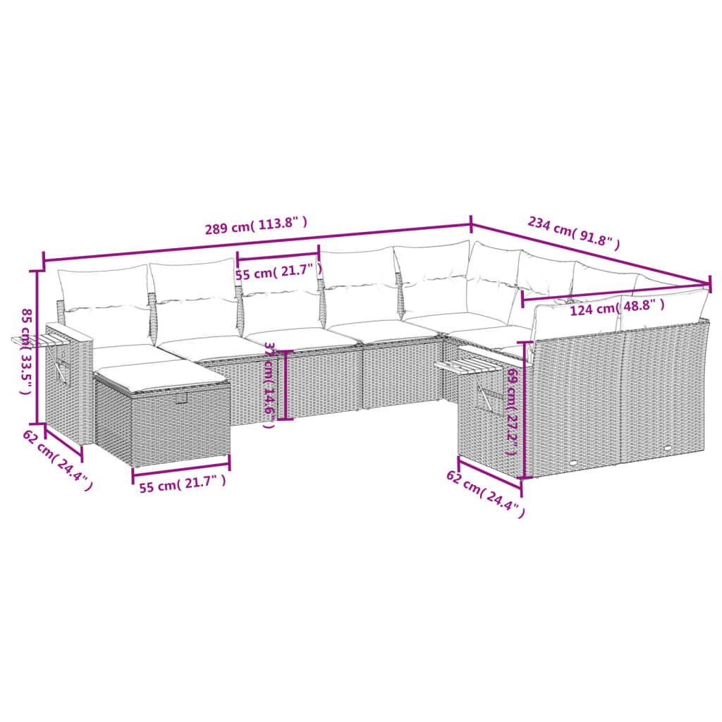 vidaXL 10-delige Loungeset met kussens poly rattan grijs afbeelding